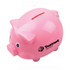 A pink pig-shaped coin bank with a slot for coins and a logo on the side.