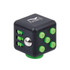 A black stress reliever cube featuring green buttons, a metallic ball, and a logo on one side.