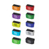A set of colourful webcam covers in orange, purple, green, blue, and white, featuring a logo on each.
