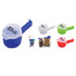 A set of bag clips in blue, green, pink, and white, featuring a logo on each clip.