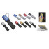 A range of mobile stands in various colours, featuring a silver bracket and fabric straps in multiple hues.