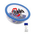 A clear container with a blue lid filled with blue binder clips, featuring a logo on the side.