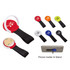 A set of mobile stands in various colours including red, green, blue, and black, featuring branding.
