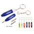 A mini tool set featuring a blue keyring with screwdriver attachments in various colours including orange, white, and green.