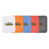 A set of five ice scrapers in white, orange, blue, red, and black, featuring a logo on each scraper.