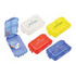A set of five pill boxes in blue, white, red, yellow, and orange, featuring one with a clear lid displaying tablets inside.