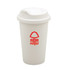 A white coffee cup with a lid and a logo featuring a tree design in red.