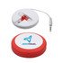 Earbuds in a compact white and red case, featuring a logo on the lid and a tangled cord inside.