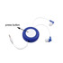 Blue earbuds in a case with a press button, featuring white earbuds and a 3.5mm audio jack.
