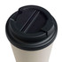 A reusable coffee cup with a light-colored body and a black comfort lid.