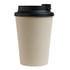 A reusable coffee cup with a beige body and black comfort lid, featuring a logo.