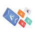 A collection of five phone wallets in various colours: blue, orange, red, green, and white, featuring a logo.