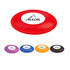 A red frisbee with a central logo, accompanied by purple, blue, orange, and black frisbees below.