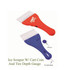 A red and blue ice scraper with a cart coin and tyre depth gauge, featuring a logo on the handle.