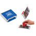 A promotional phone cleaning kit with a blue case, featuring a cleaning wipe and holder. Includes a logo on the case.