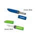 A green peeler and a blue knife with ceramic blades, both with matching caps and a logo.
