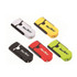 A collection of five tape measure keychains in white, black, red, yellow, and green, each featuring a logo.