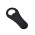 A drink bottle opener in black with a magnetic back and a sleek design. It features a logo on its surface.