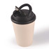 A reusable coffee cup in a light beige color with a black handle lid and a logo.