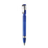 A blue plastic pen with a chrome clip and grip, featuring a sleek design. It has a branding logo on the barrel.