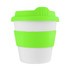 A reusable coffee cup in white with a bright green silicone lid and grip. Features a branding logo.