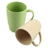 A drink mug set featuring a light green and a beige bamboo mug, both with handles, and a logo.