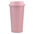 A reusable coffee cup in soft pink with a matching lid and a logo feature.