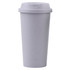 A reusable coffee cup in light grey with a fitted lid. It features a branding logo on the side.