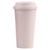 A reusable coffee cup in a light pink hue, featuring a lid and a subtle speckled texture. It has a logo.
