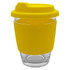 A reusable coffee cup made of glass with a bright yellow silicone lid and sleeve. Features a logo.