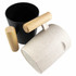 A reusable coffee cup in black and white with wooden handles, featuring a logo on the side.