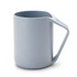 A reusable coffee cup in light blue, featuring a handle and a simple, modern design. It has a logo on the side.