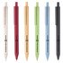 A selection of eco-friendly plastic pens in red, beige, green, blue, and black, featuring a logo.