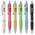 A collection of six eco-friendly pens in white, red, green, blue, and black, featuring a logo on each pen.
