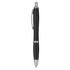A black plastic pen with a silver clip and accents, featuring a sleek design and a logo.