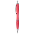 A pink eco pen with metallic accents, featuring a sleek design and a clip for easy attachment.
