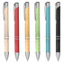 A collection of eco-friendly plastic pens in red, green, blue, beige, and black, featuring silver accents and branding.