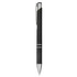 A black ballpoint pen with a sleek design and silver accents, featuring a clip and branding.