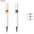 A set of plastic pens in white with multicoloured stripes in red, orange, blue, and green, featuring a silver nib and clip.