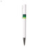 A multicoloured plastic pen featuring white, green, and dark green accents. It includes a clip and a silver pen tip.