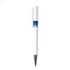A white plastic pen with blue accents and a silver clip. It features a smooth, contemporary design.