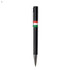 A black plastic pen with a clip, featuring green, white, and red stripes. It has a logo on the barrel.