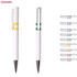A set of plastic pens in various colours, featuring a white body and a shiny silver tip. One pen includes a yellow and green accent.