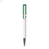 A plastic pen in white with green accents and a silver clip. The pen features a logo on its body.