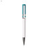 A plastic pen featuring a white body and a teal finial, with a metallic clip and tip. It has a logo on its body.