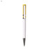 A plastic pen in white and yellow with a silver clip and trim, featuring a logo on the body.