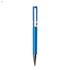 A blue plastic pen with a silver clip and tip, featuring a sleek design and a logo.