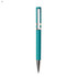 A turquoise plastic pen with a silver clip and tip, featuring a branding logo on the side.