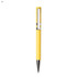 A yellow plastic pen with a sleek design and a silver clip, featuring a logo on the barrel.