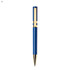 A metal pen in blue with gold accents, featuring a sleek design and a branding logo.